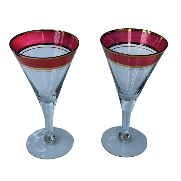 Set of 2 Vintage Red and Gold‎ Trim Flared  Liquor Glasses With Stem 5oz - Picture 7 of 9